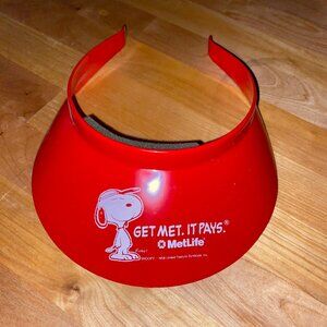 Vintage 90s Peanuts Snoopy Met Life red plastic sunvisor hat